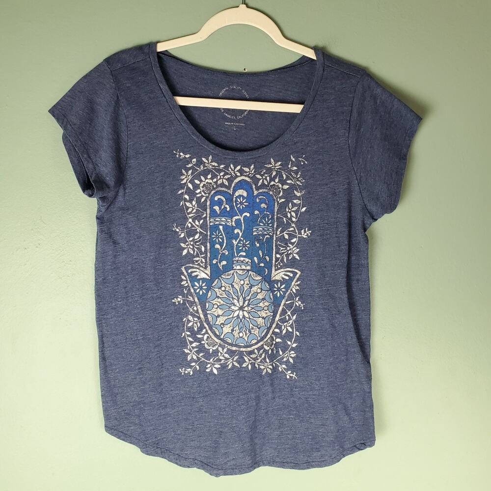 Lucky Brand Womens Blue Hamsa Hand Floral Short Sleeve T-Shirt Top Size Large
